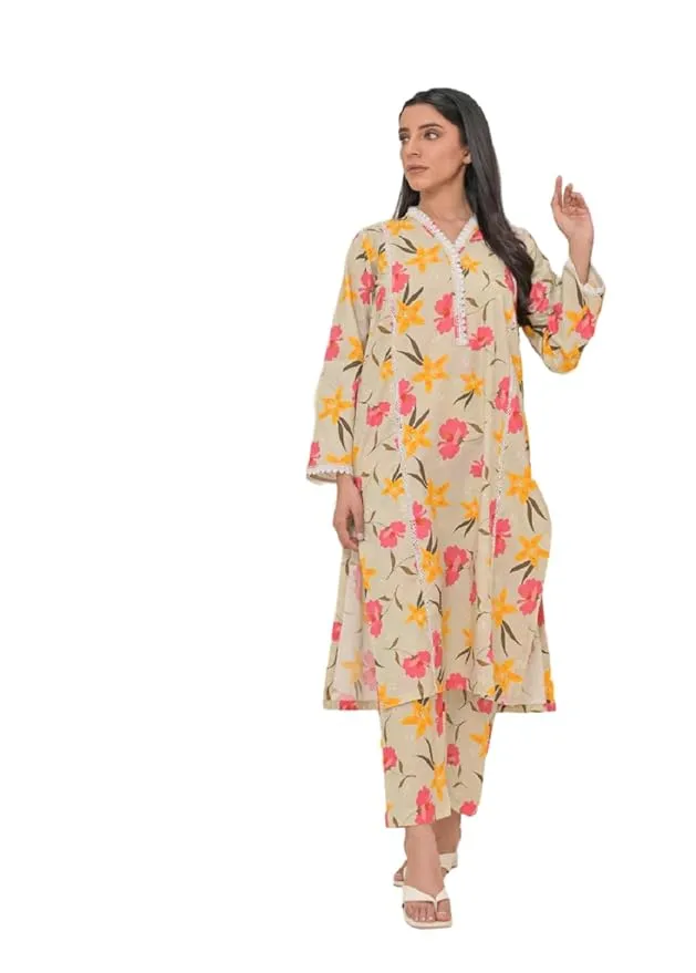 Bolly Clues Women's Cotton Floral Printed Shirt Collar Tunic with Trousers Co-Ord Set