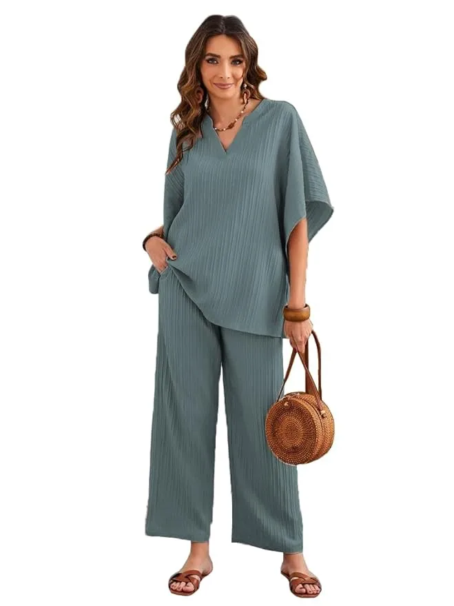 TADKEE Women's Solid Color V-Neck Kaftan Sleeve Co-ord Set